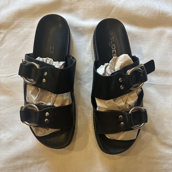 Jslides Shoes - Jslides Women's Size 8 1/2 Leather Double Buckle Sandals Black